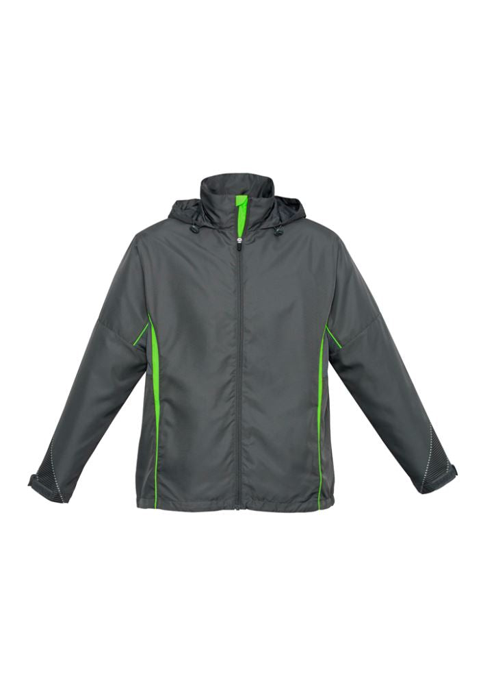 Adults Razor Team Jacket in grey and fluoro lime, featuring breathable mesh, stow-away hood, and zippered pockets, size M.