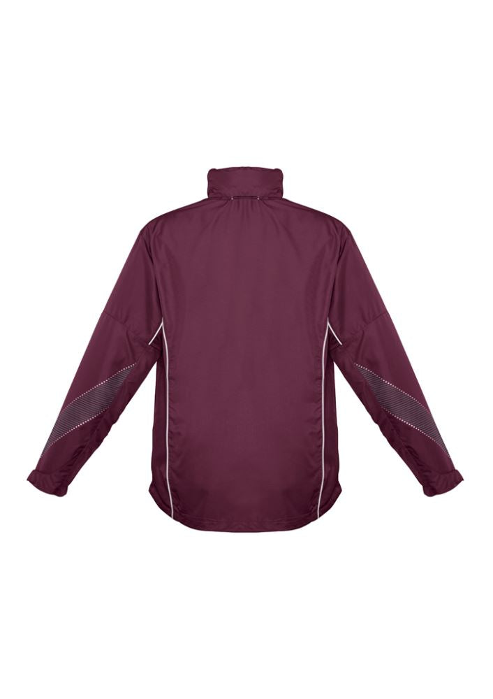 Maroon and white Adults Razor Team Jacket in size L, featuring breathable mesh lining, stow-away hood, and zippered pockets.