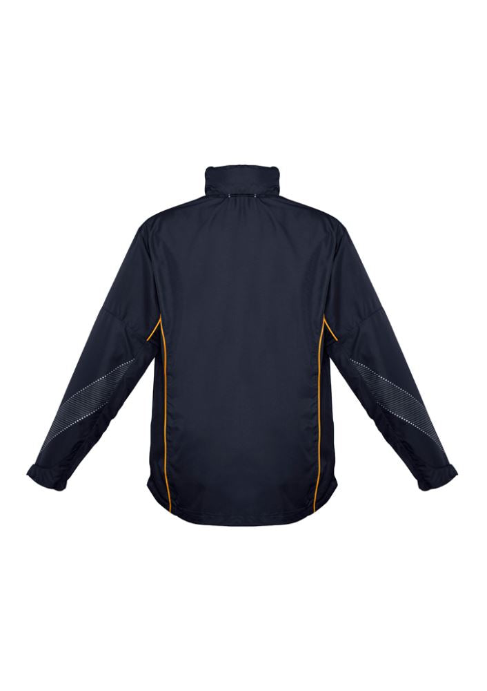 Navy and gold Adults Razor Team Jacket in size L, featuring breathable mesh, stow-away hood, and adjustable cuffs.