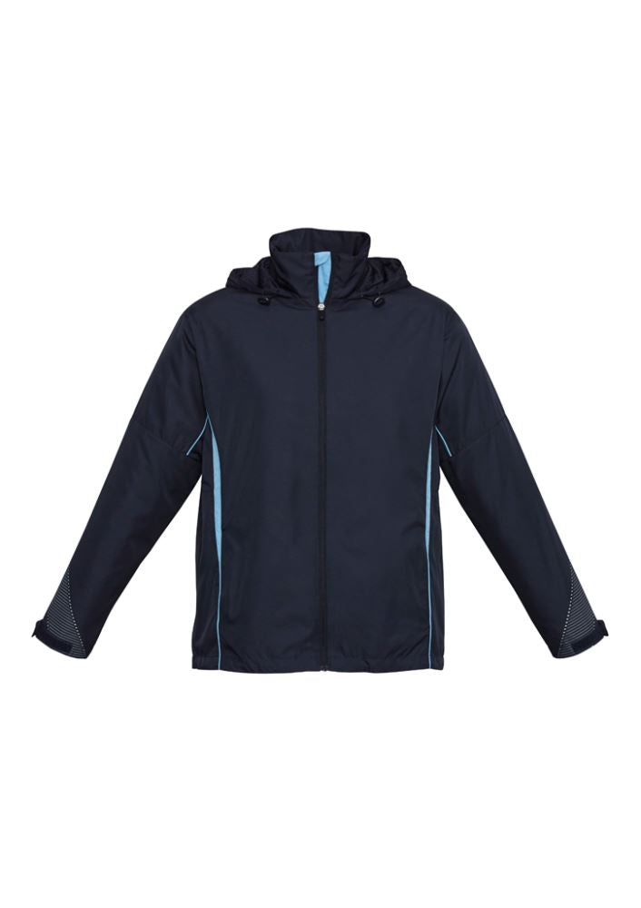 Kids Razor Team Jacket in Navy/Sky, Size 6, featuring breathable mesh, stow-away hood, and two zippered pockets for active play.