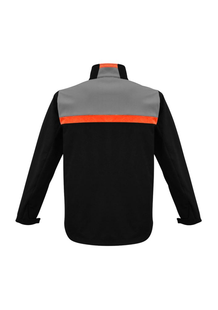 Unisex Charger Jacket in Black/Fluoro Orange/Grey, size M, features water-repellent fabric, fleece lining, and side zippered pockets.
