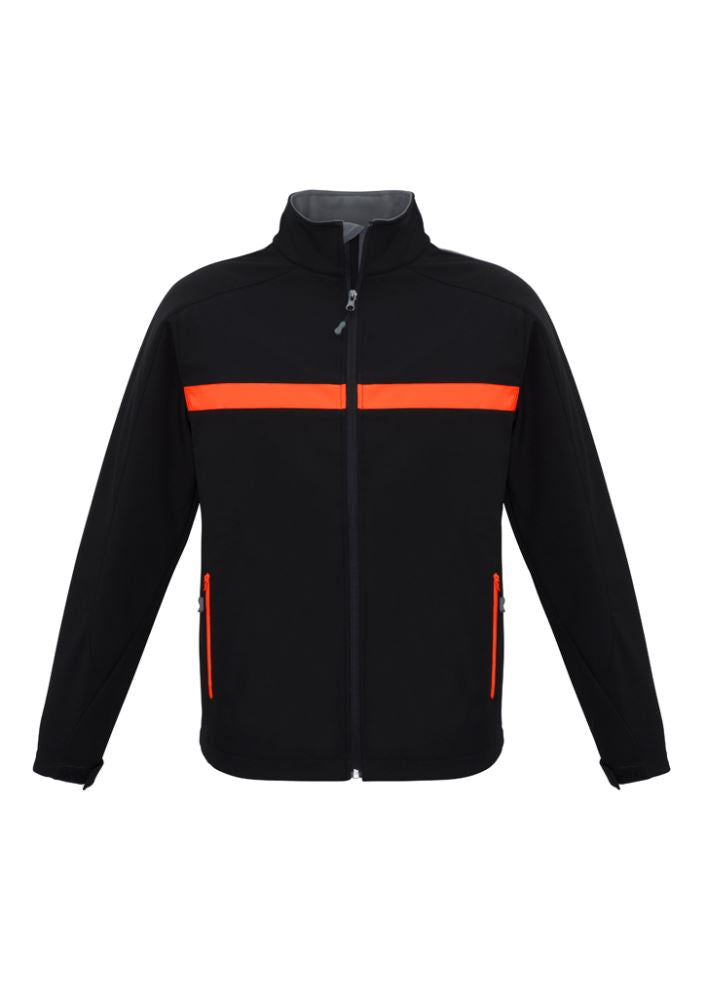Unisex black, fluoro orange, and grey Charger Jacket, size L, featuring a stand-up collar and zippered pockets for outdoor comfort.