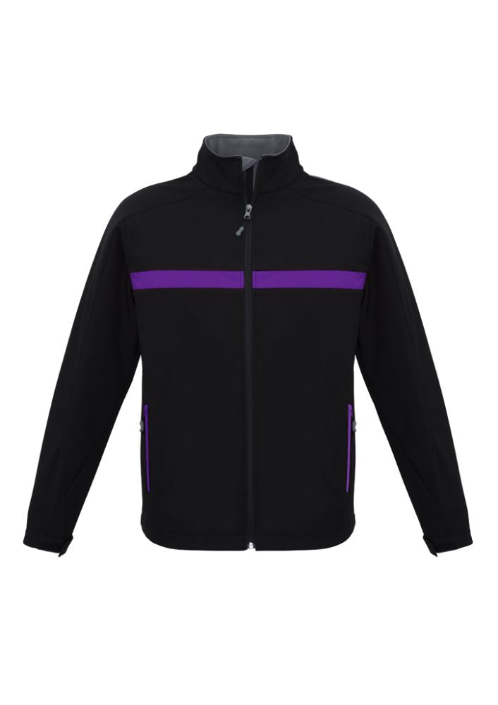 Unisex Charger Jacket in Black, Purple, and Grey, Size M, featuring a warm fleece lining, zippered pockets, and water-repellency.