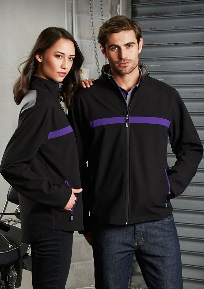 Unisex Charger Jacket in Black, Purple, and Grey, featuring a stand-up collar, zippered pockets, and water-repellent fabric.