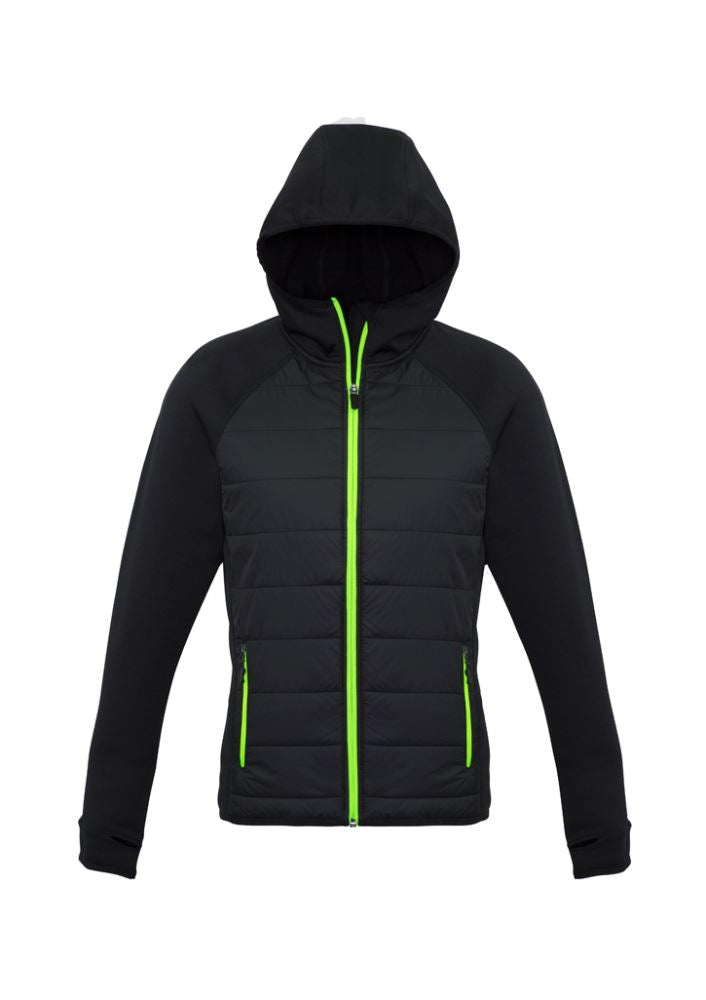 Ladies Stealth Tech Hoodie in Black/Lime, Size XL, featuring durable nylon, fleece, and stylish thumb loops for warmth.