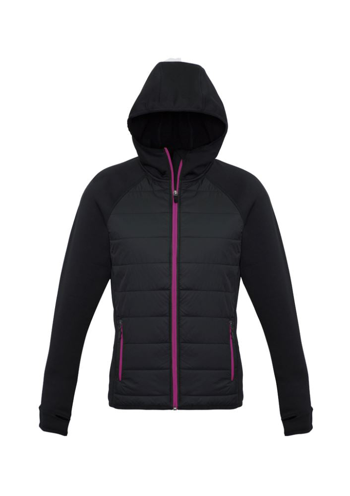 Ladies Stealth Tech Hoodie in Black/Magenta, featuring thumb loops, insulated chest, and stylish contrast zipper. Size L.