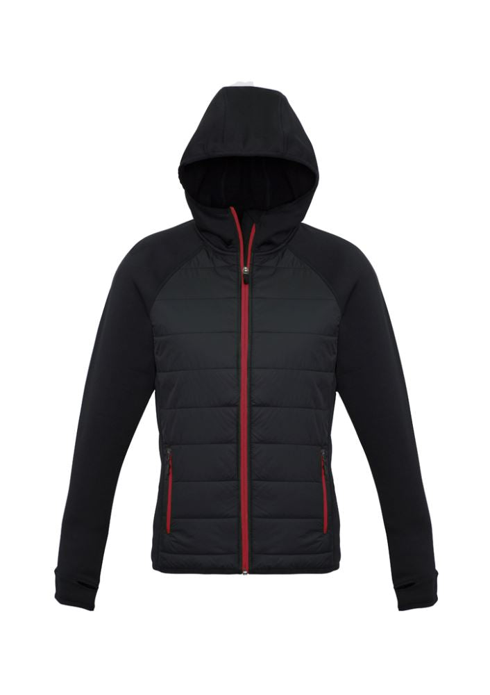 Ladies Stealth Tech Hoodie in black/red, size M, featuring thumb loops, insulated front, and a stylish stand-up collar.