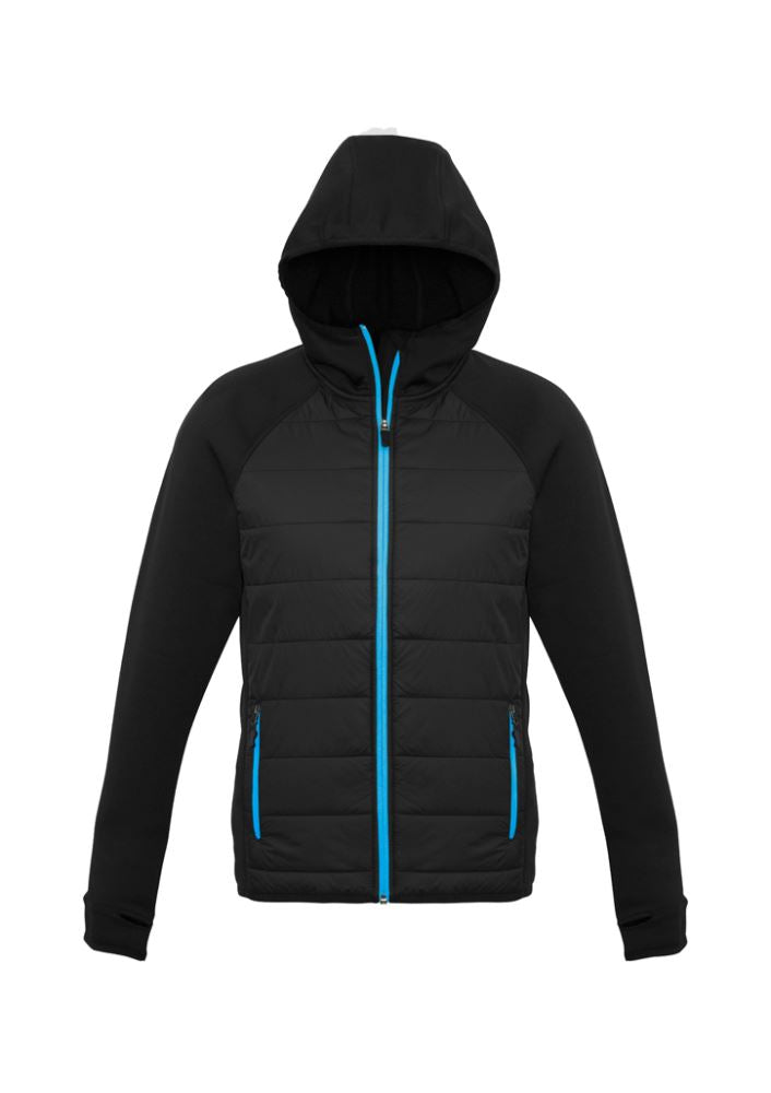 Men's Stealth Tech Hoodie in black and cyan, featuring thumb loops, insulated chest, and a fleece-lined hood, size XL.