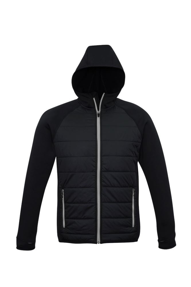 Mens Stealth Tech Hoodie in Black/Silver Grey, size 5XL, featuring quilted nylon, fleece, and insulated thumb loops.