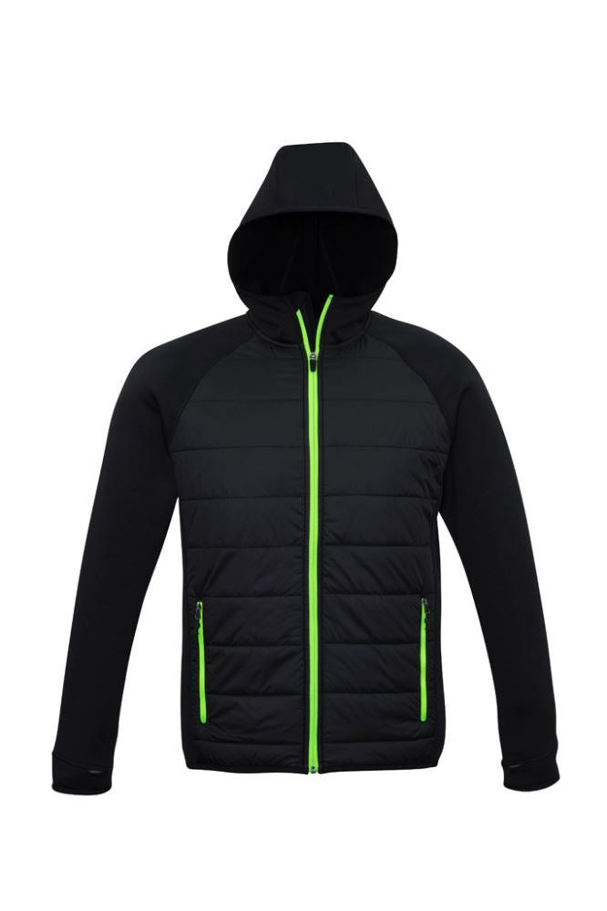 Mens Stealth Tech Hoodie in Black/Lime, featuring durable fabric, thumb loops, and insulated quilting for warmth and style.