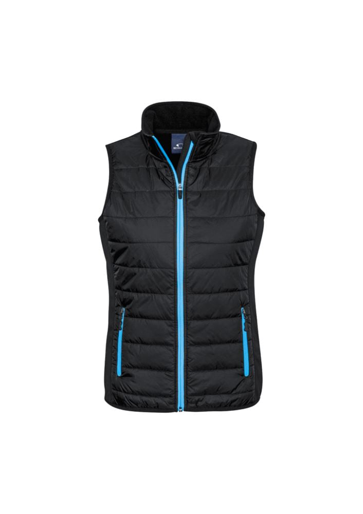 Ladies Stealth Tech Vest in Black/Cyan, size XL, featuring insulated quilting, contrast zipper, and a stylish, functional design.