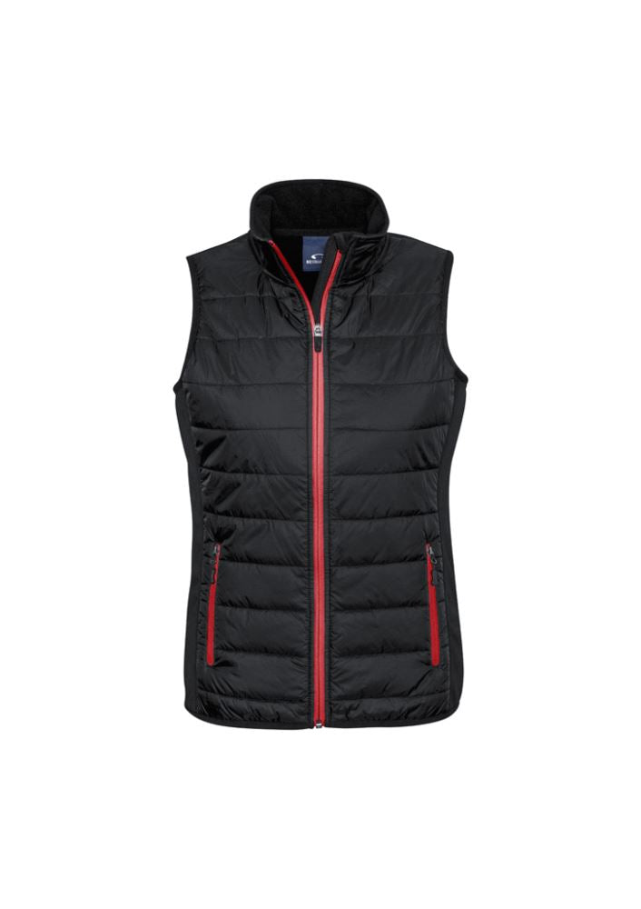 Ladies Stealth Tech Vest in Black/Red, size XS, featuring insulated quilting, contrast zipper, and stand-up collar for warmth and style.