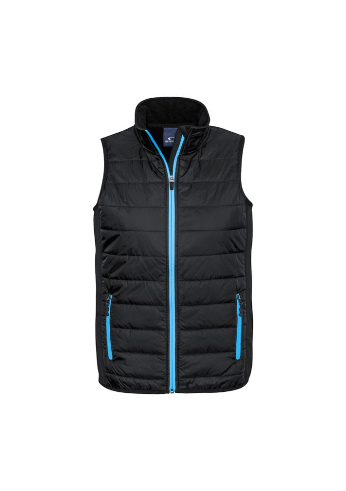 Men's Stealth Tech Vest in Black/Cyan, size M, featuring insulated quilting, contrast zipper, and stand-up collar for warmth.