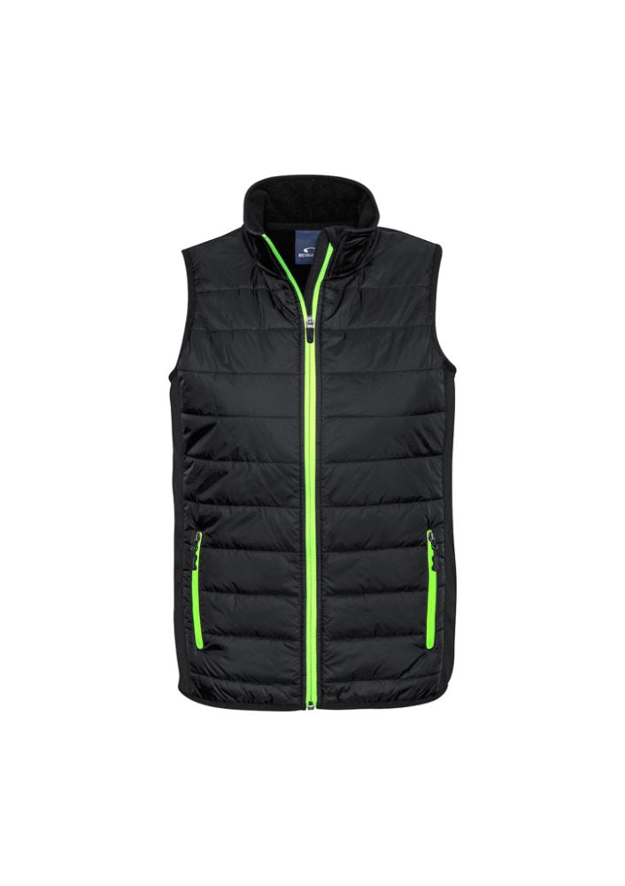 Mens Stealth Tech Vest in black/lime, featuring durable ripstop fabric, insulation, pockets, and a stand-up collar for outdoor comfort.