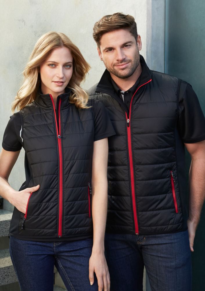 Men's Stealth Tech Vest in Black/Silver Grey, size XL, featuring insulated quilting, contrast zipper, and stand-up collar.