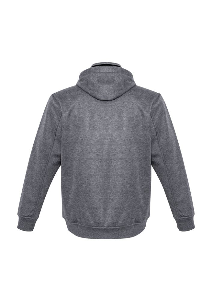 Men's Oslo Jacket in grey and black, size M, featuring water-repellent fleece, removable hood, and windproof design.