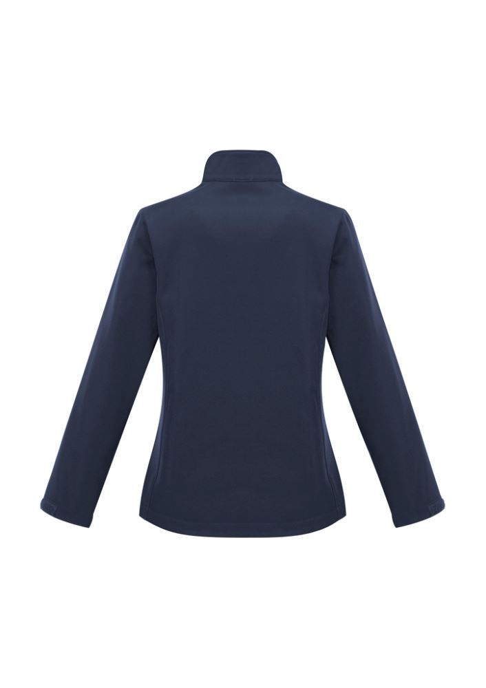 Navy lightweight softshell jacket for women, size XS, featuring a stand-up collar, fleece lining, and wind-resistant design.