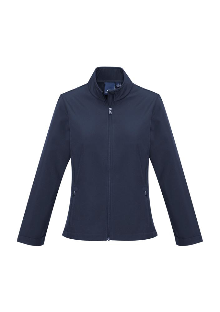 Navy Ladies Apex Lightweight Softshell Jacket in size XS, featuring water repellent fabric and cozy stand-up collar.