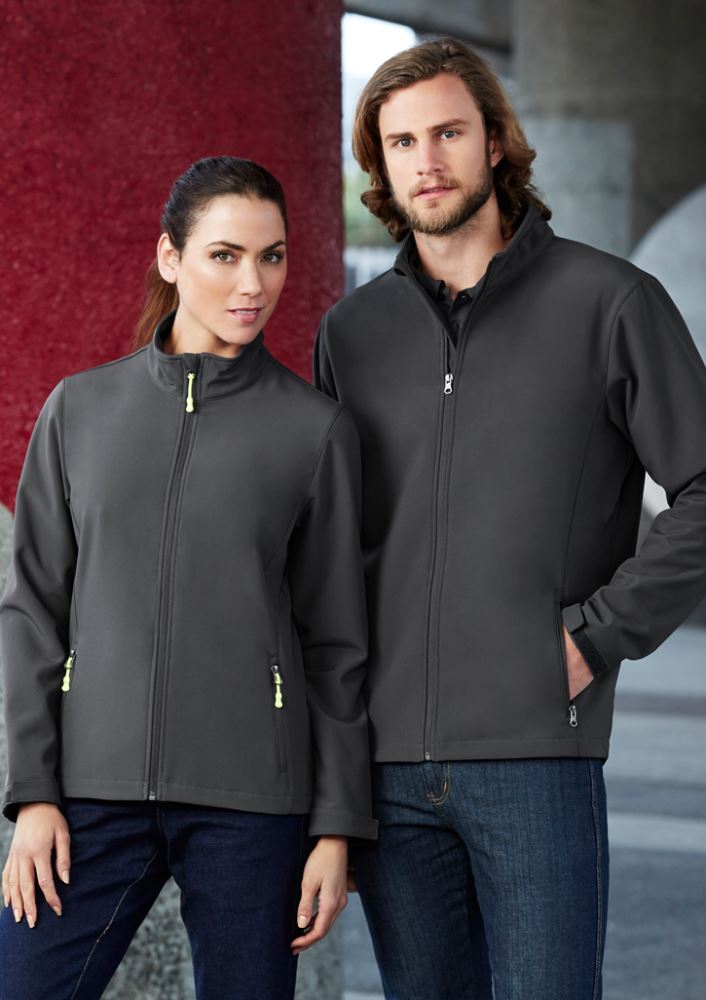 Men's navy lightweight softshell jacket with fleece lining, water-repellent, wind-resistant, and scalloped back for comfort.
