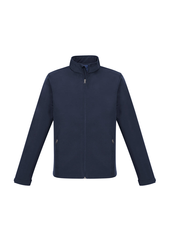 Kids Apex Jacket in navy, size 14, featuring polyester fabric, fleece lining, wind-resistant, zippered pockets, and stand-up collar.