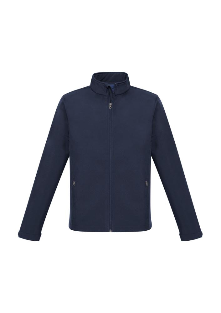 Men's navy Apex Lightweight Softshell Jacket, size S, featuring water-repellent fabric, fleece lining, and scalloped back.