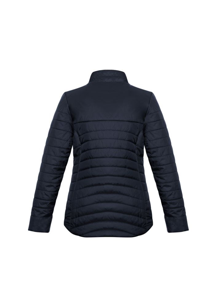 Navy Ladies Expedition Quilted Jacket in size XS, featuring high collar, zippered pockets, and lightweight, durable fabric.
