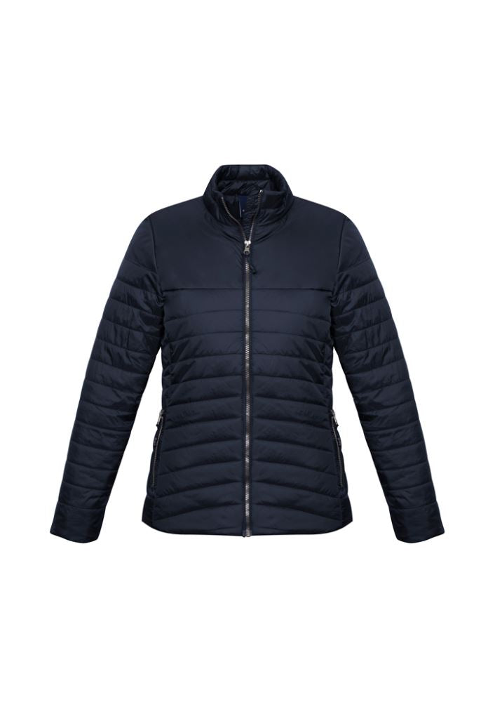 Navy Ladies Expedition Quilted Jacket in XS, featuring water-repellent Nylon, high collar, and multiple pockets for warmth and style.