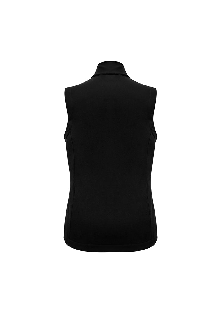 Ladies Apex Vest in Black, size XS, featuring water-repellent fabric, stand-up collar, and scalloped back for warmth.