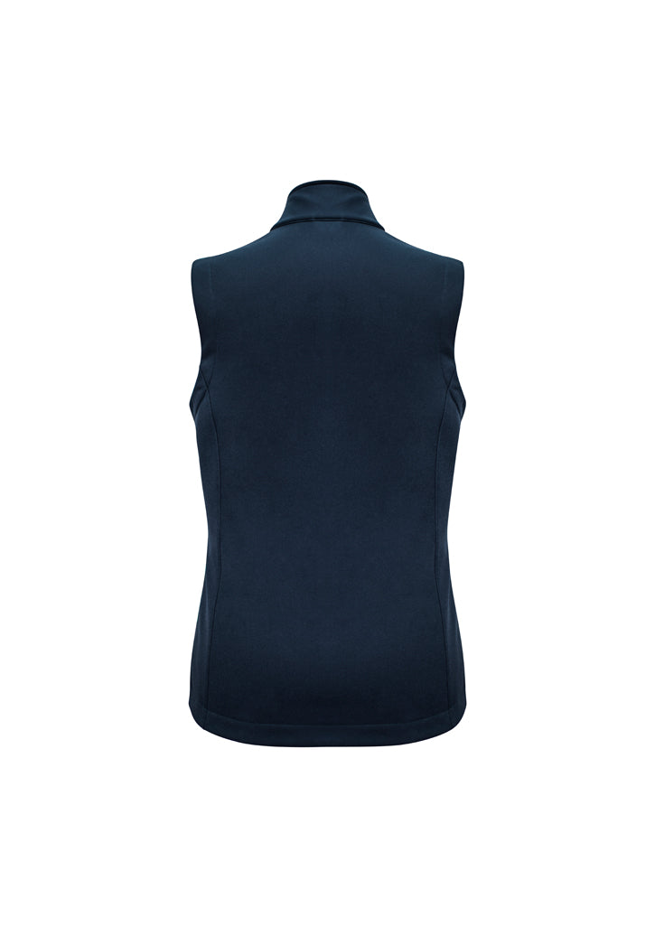 Navy Ladies Apex Vest in size M, featuring a stand-up collar, water-repellent fabric, and a stylish scalloped back tail.