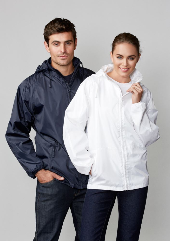 Unisex Navy Spinnaker Jacket, Size M, featuring windproof, water-resistant fabric, raglan sleeves, and concealed hood.