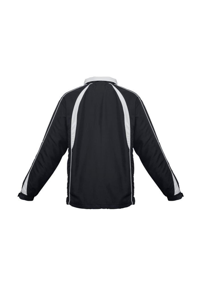 Kids Splice Track Top in Black/White, size 8, featuring raglan sleeves, zippered pockets, and adjustable cuffs for active wear.