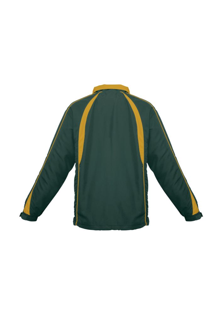 Kids Splice Track Top in Forest/Gold, featuring raglan sleeves, full zip front, and two zippered pockets for active play.