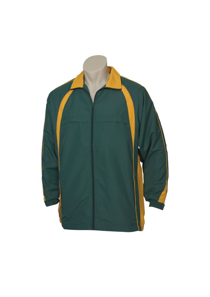 Kids Splice Track Top in Forest/Gold size 8, featuring raglan sleeves, zip pockets, and breathable polyester fabric.