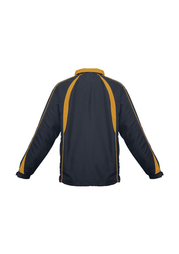 Kids Splice Track Top in navy and gold, featuring a full zip front, zippered pockets, and adjustable cuff sleeves for comfort.