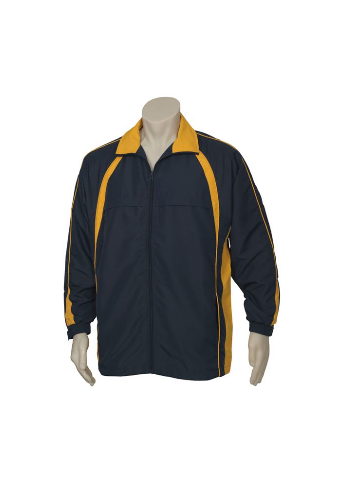 Kids Splice Track Top in navy and gold, size 14, featuring zip pockets, raglan sleeves, and a cozy inner lining.