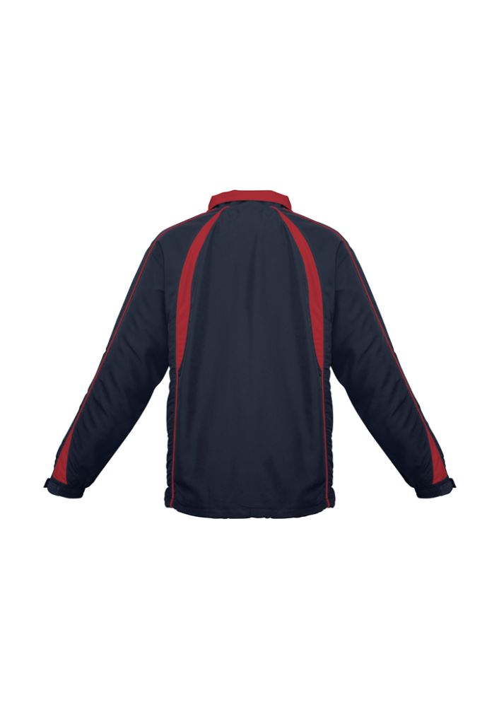 Kids Splice Track Top in Navy/Red, size 6, features full zip, zippered pockets, and raglan sleeves for active comfort.
