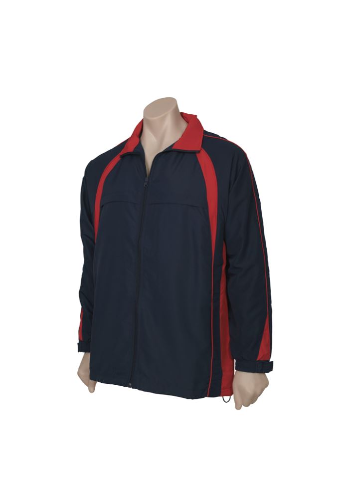 Navy and red kids' track top featuring zip front, zippered pockets, and raglan sleeves for comfortable active wear.