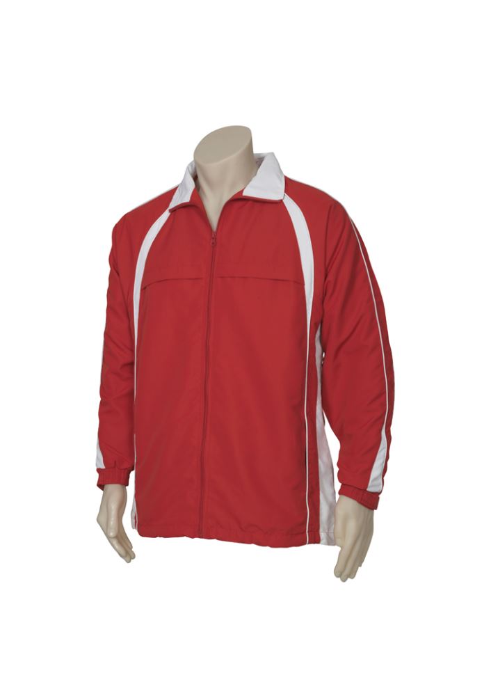 Kids Splice Track Top in red and white, size 8, featuring raglan sleeves, zip pockets, and a full zip front for comfort and style.