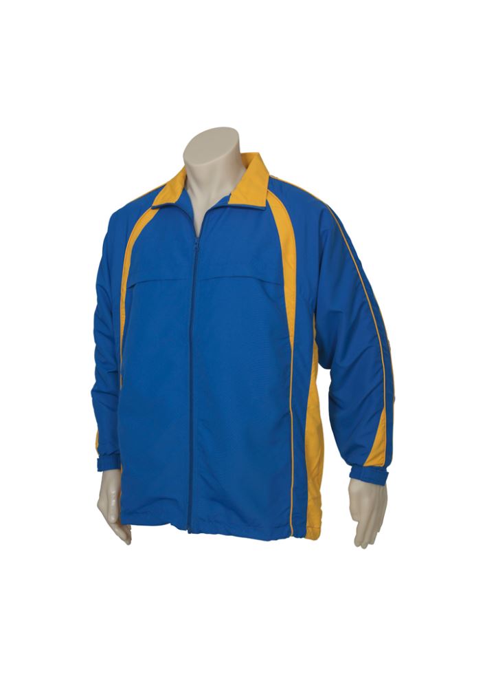 Kids Splice Track Top in vibrant royal and gold, featuring raglan sleeves, zip pockets, and a full zip front. Size 10.