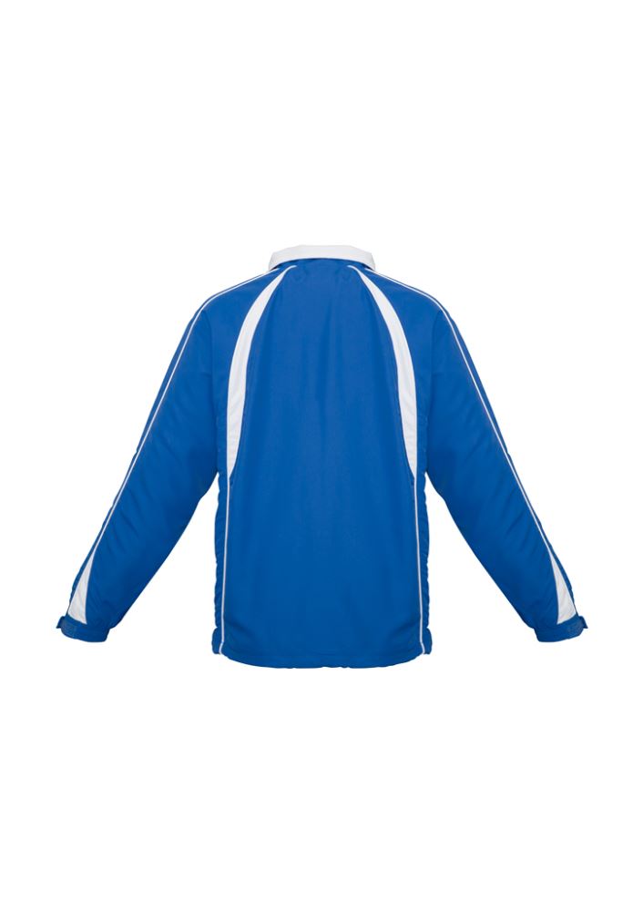 Kids Splice Track Top in Royal/White, stylish and durable, featuring zip pockets, raglan sleeves, and adjustable cuffs. Size 12.