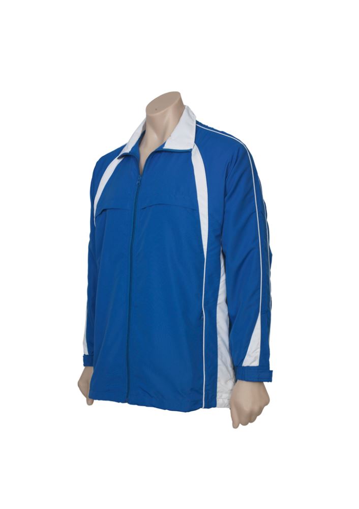 Kids Splice Track Top in Royal and White, size 8, featuring full zip, zippered pockets, and raglan sleeves for active comfort.