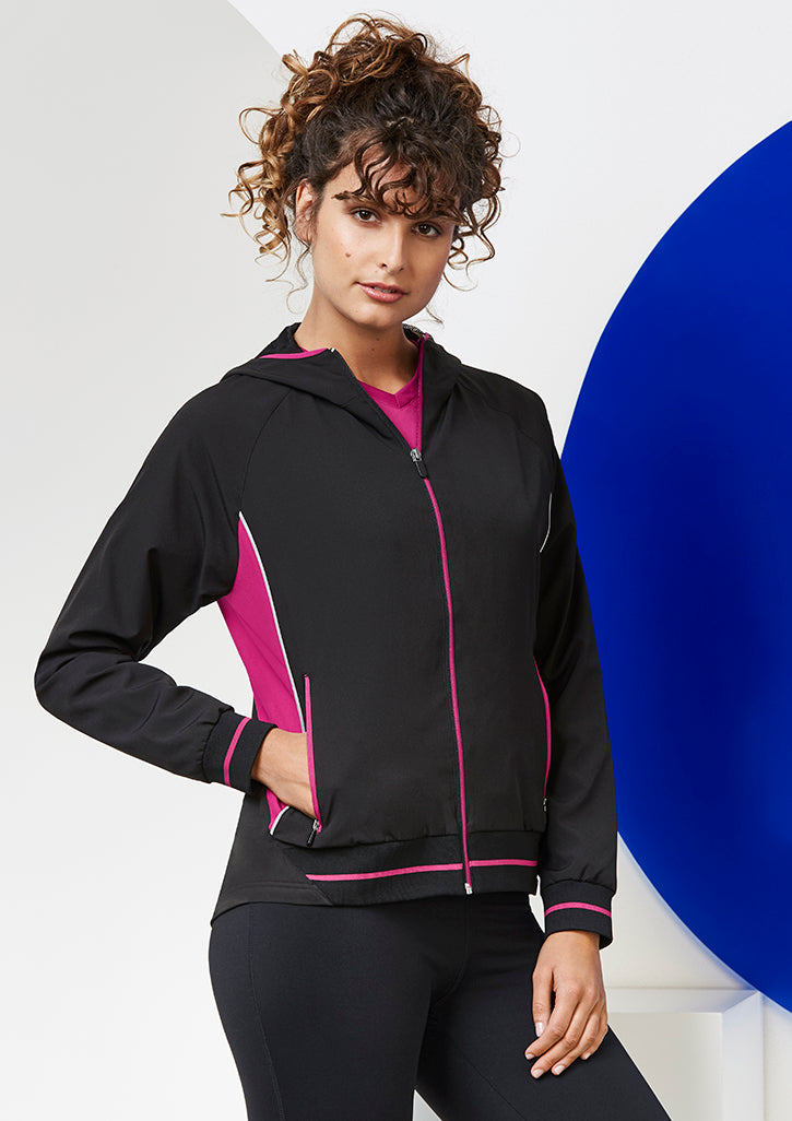 Ladies Titan Jacket in Black/Magenta, featuring 4-way stretch, attached hood, reflective piping, and laser-cut ventilation.