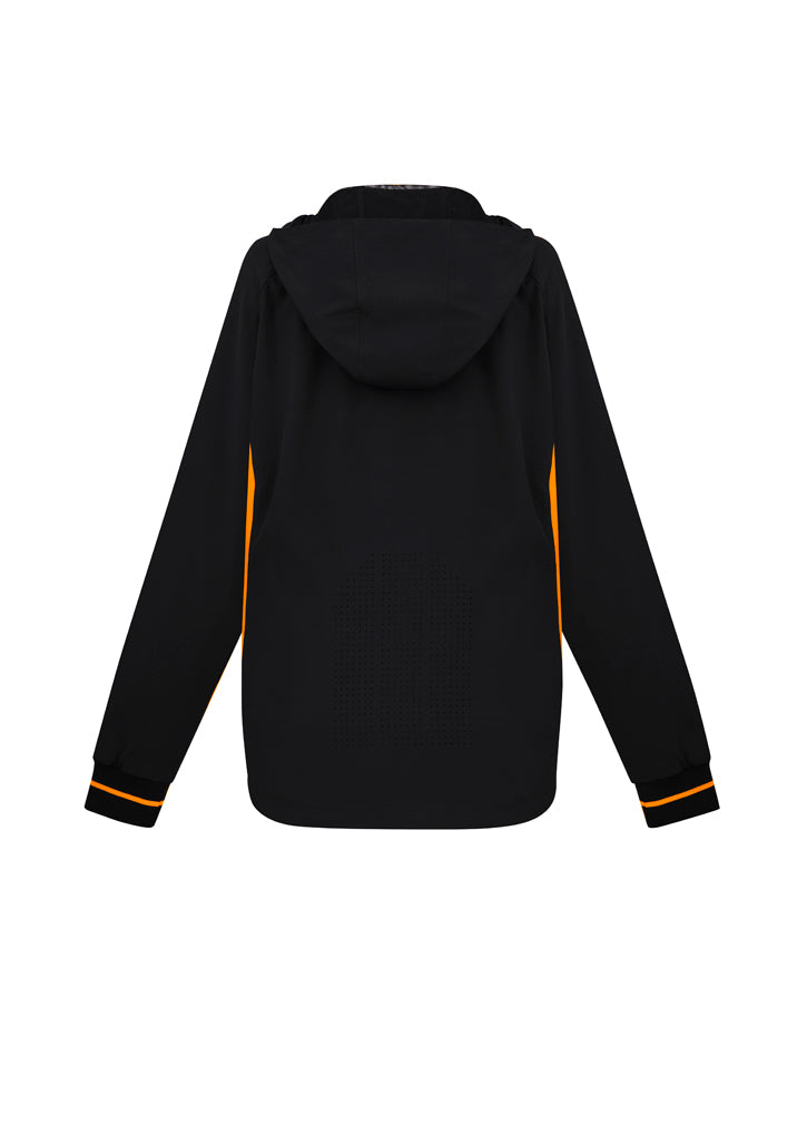 Ladies Titan Jacket in Black/Gold, Size S, featuring 4-way stretch, hood, reflective piping, and stylish dropped hem.