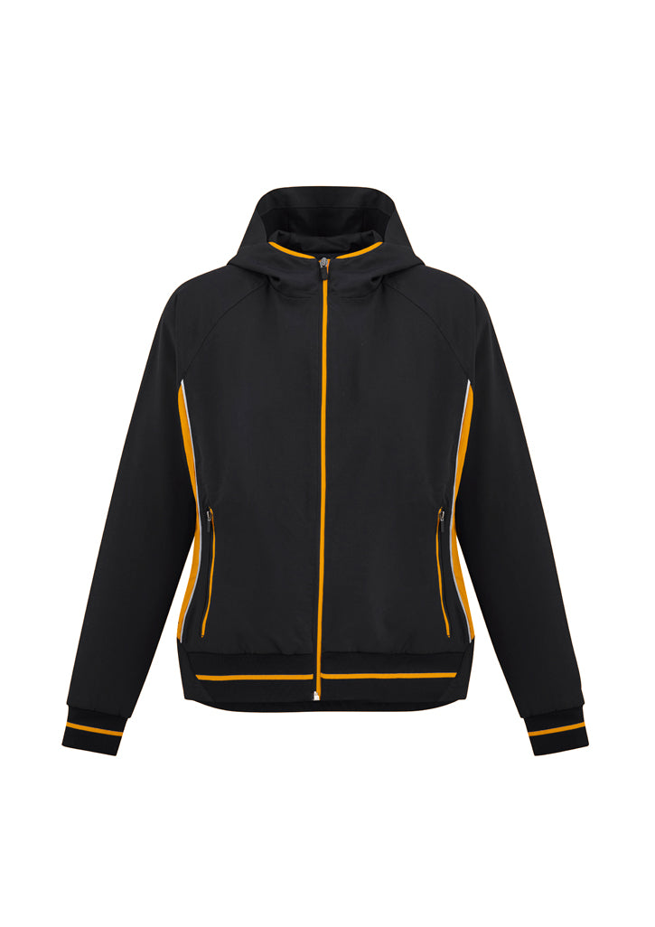 Ladies Titan Jacket in Black/Gold, Size S, featuring 4-way stretch, breathable inner lining, attached hood, and reflective piping.