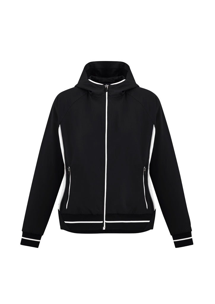 Stylish Ladies Titan Jacket in Black and White, Size M, featuring 4-way stretch, hood, reflective piping, and zippered pockets.