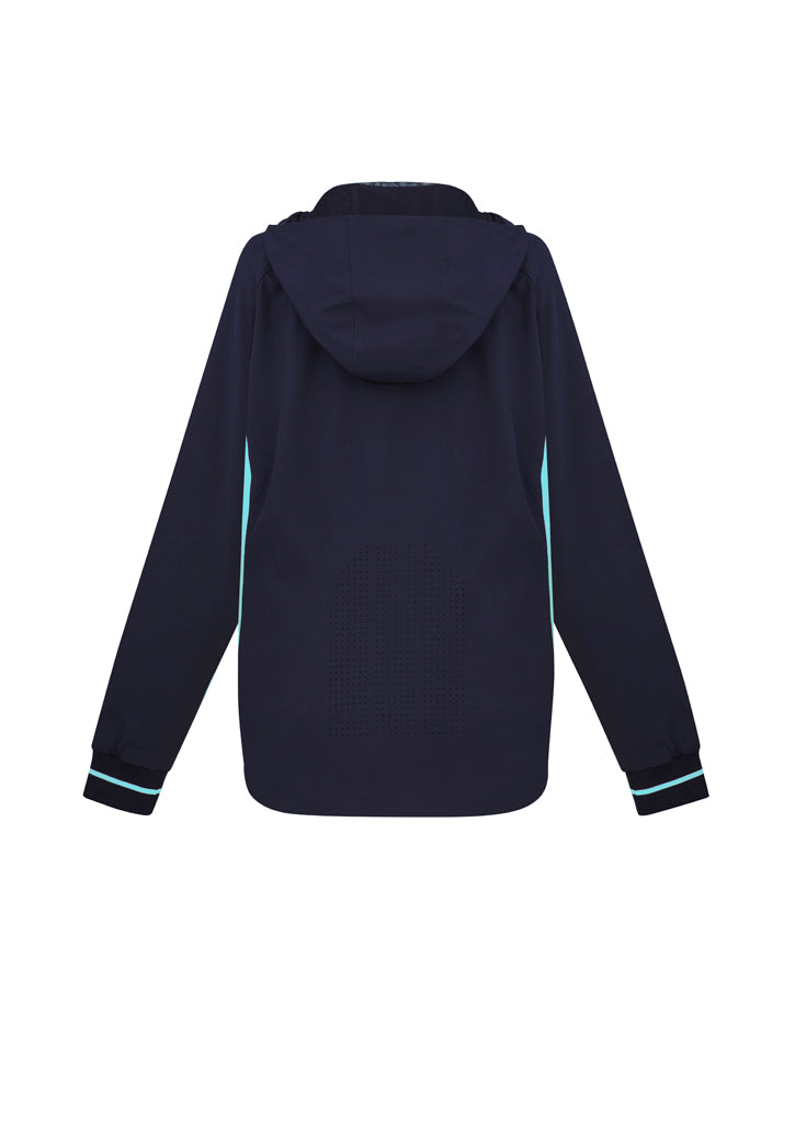 Ladies Titan Jacket in Navy/Sky, Size S, featuring a chic design, hood, reflective piping, and comfortable 4-way stretch fabric.