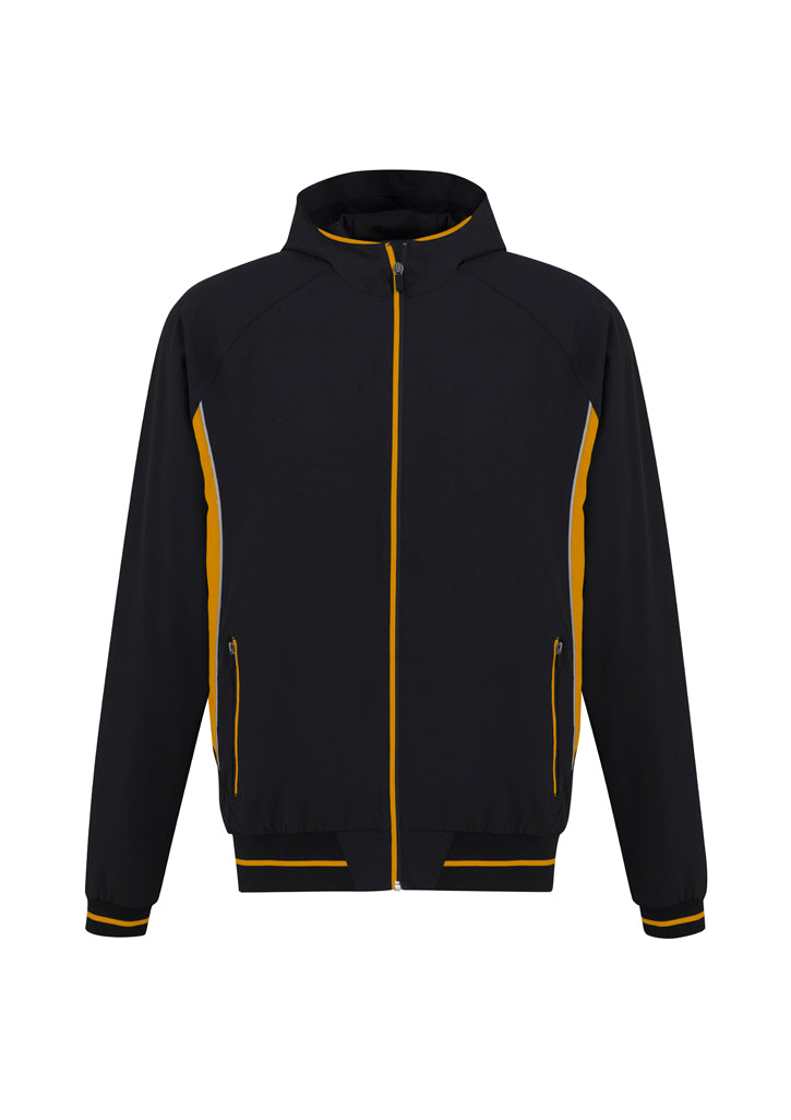 Men's Titan Jacket in Black/Gold, size 2XL, featuring 4-way stretch fabric, attached hood, and zippered pockets for comfort.