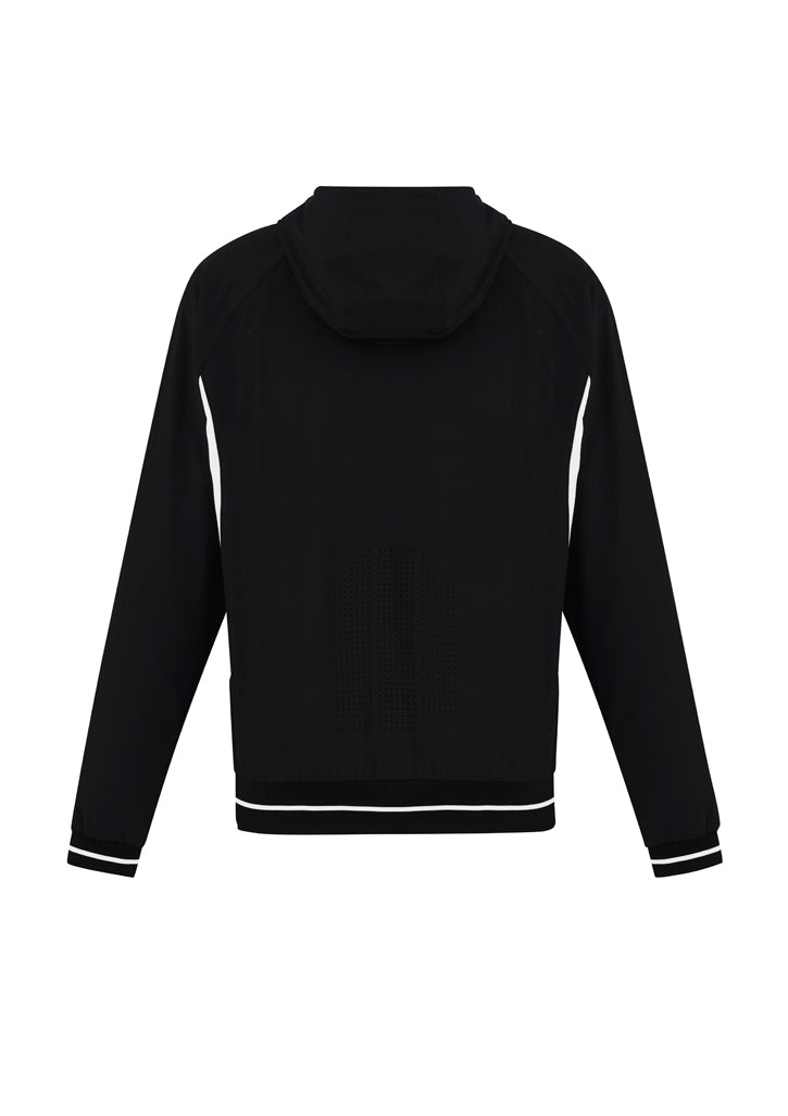 Mens Titan Jacket in black and white, Size L with hood, reflective piping, and zippered pockets for active wear.