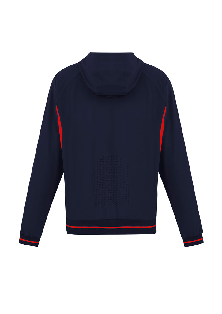 Kids Titan Jacket in navy and red featuring reflective piping, an attached hood, and zippered pockets for outdoor adventures.