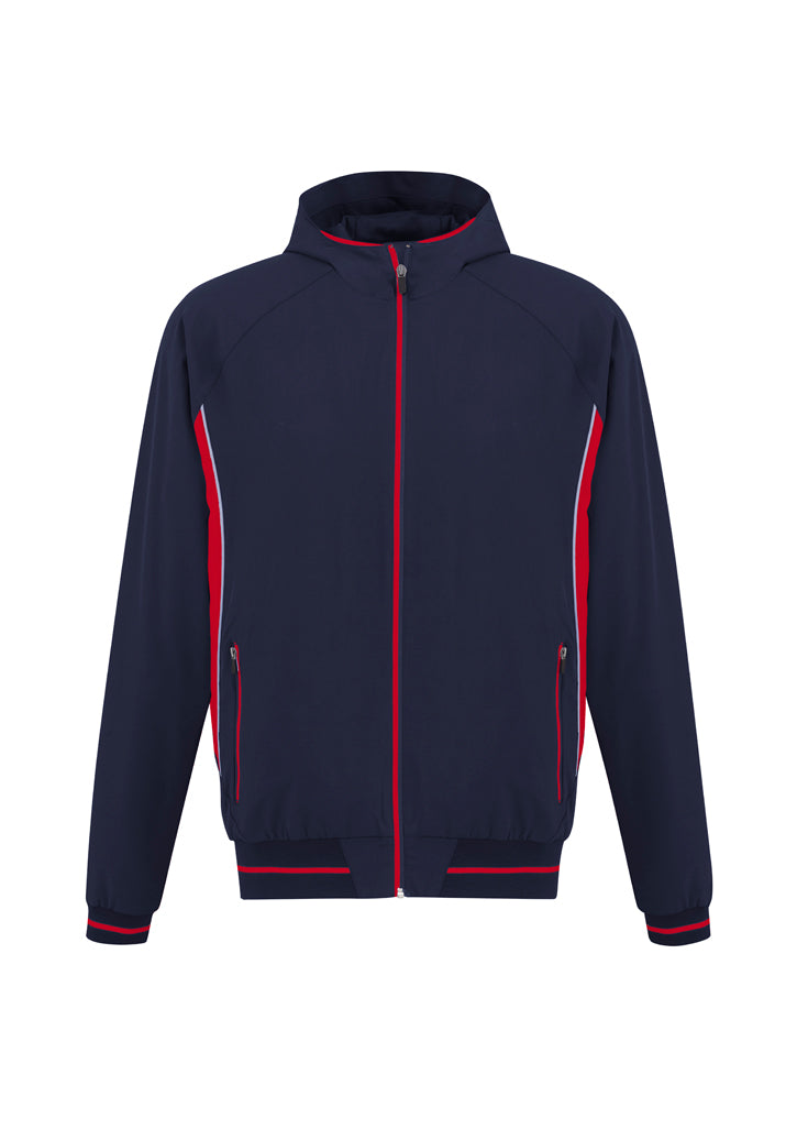 Kids Titan Jacket in navy/red, size 12, features 4-way stretch fabric, UPF protection, reflective piping, and zippered pockets.